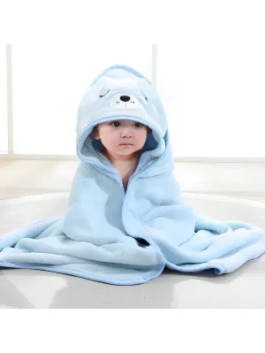 1pc Cartoon Hooded Coral Fleece Bathrobe/Blanket/Sleeping Bag For Babies, Suitable For The Beach, Bath, All Seasons, Unisex