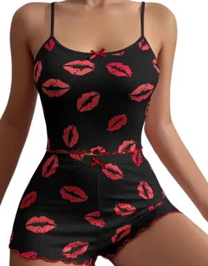 2 Piece Red Lips Ribbed PJ set