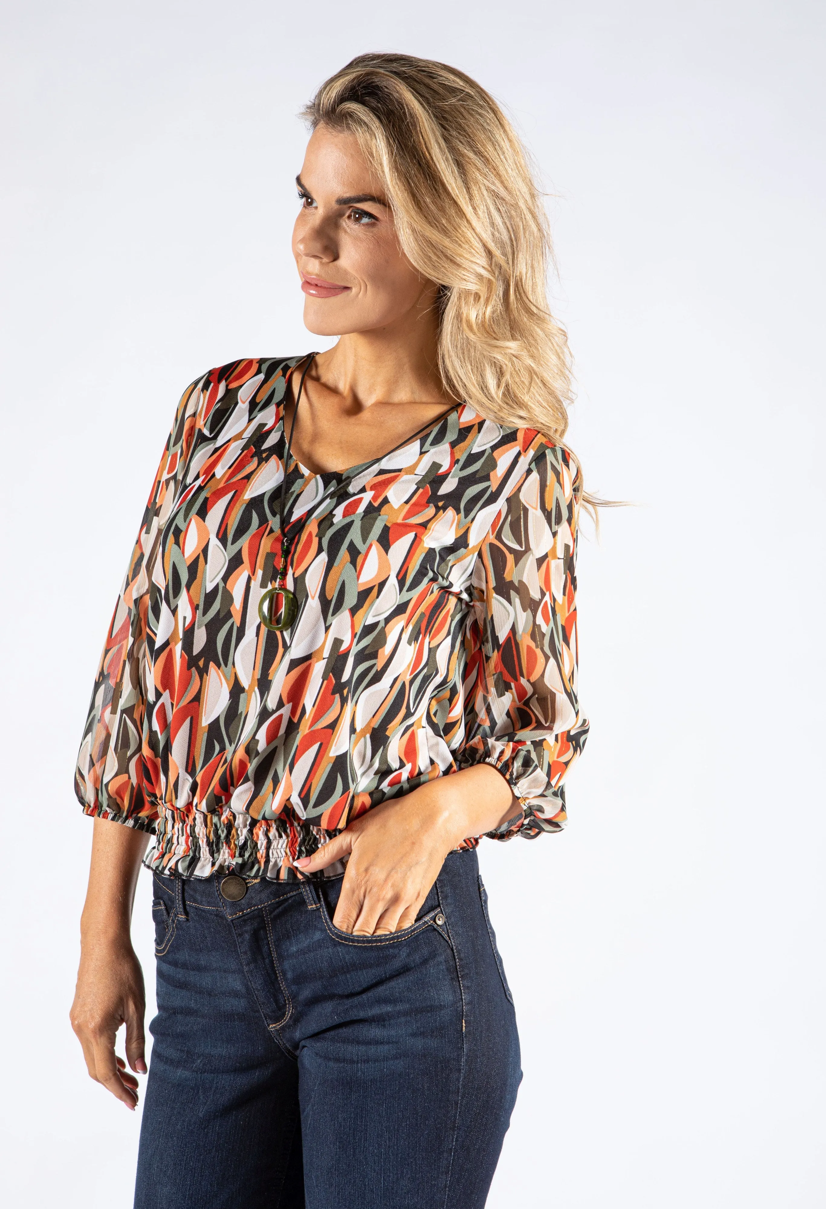 Abstract Print V Neckline Blouse