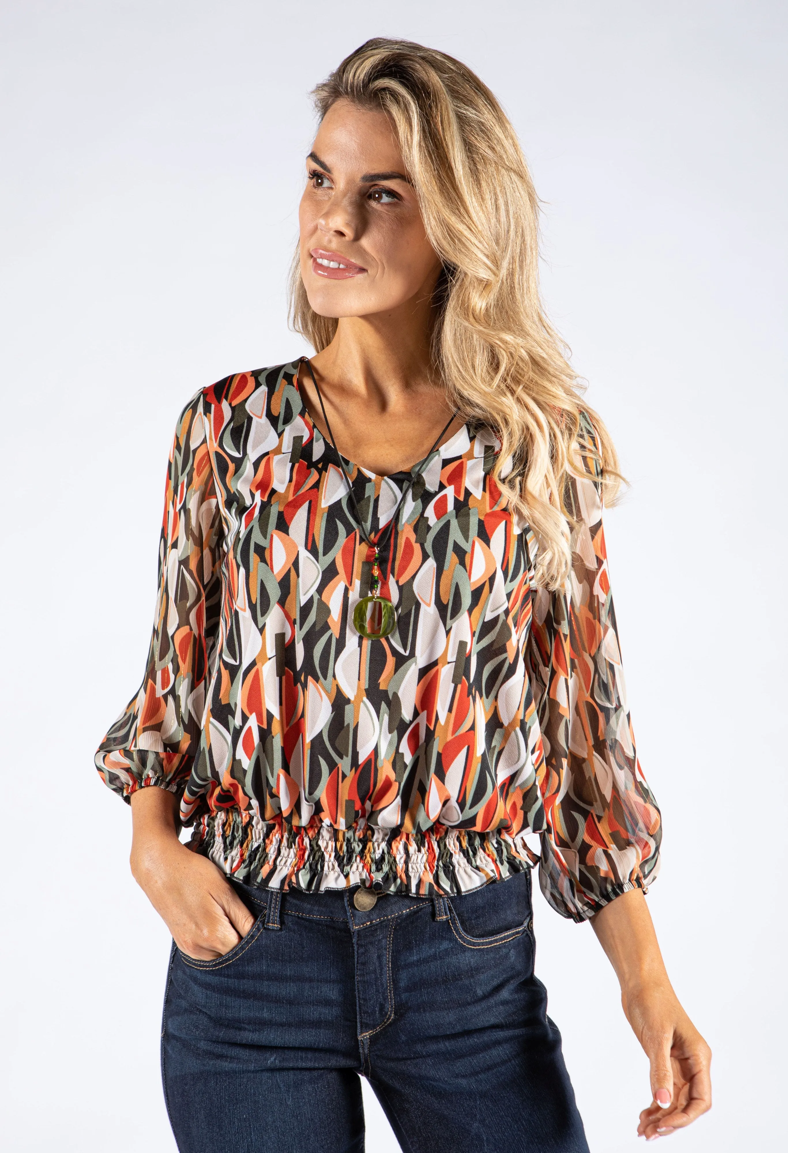 Abstract Print V Neckline Blouse