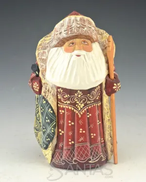 Burgundy Russian Santa with Toy Bag and Frosted Coat