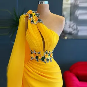 Charming Yellow One Shoulder Mermaid Evening Dresses   Sleeveless Side Split Crystals Women Pageant Dressing   Gowns  mh225