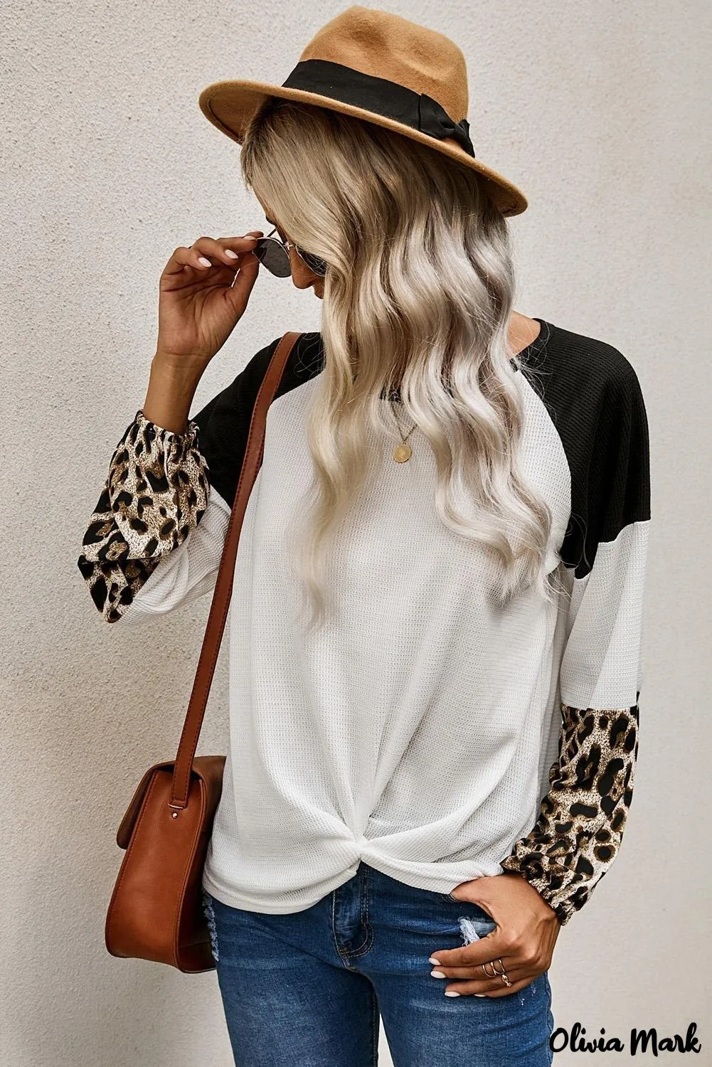 Deanwangkt - Black Waffle Knit Leopard Long Sleeve Twist Knot Blouse