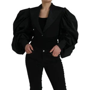 Dolce & Gabbana Black Polyester Puffed Sleeves Cropped Jacket