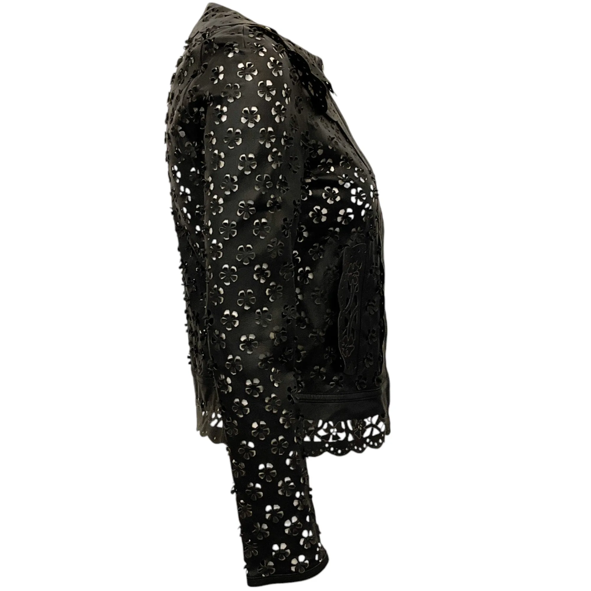 Elie Saab Black Leather Floral Eyelet Jacket