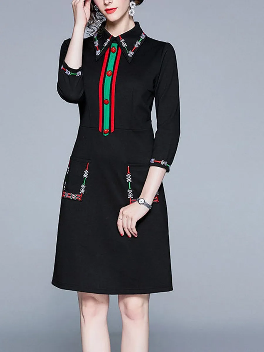 Embroidered Lapel Temperament Slim Dress with Seven Sleeves