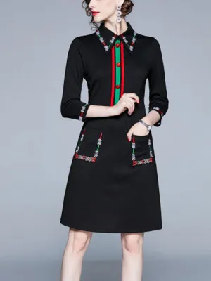 Embroidered Lapel Temperament Slim Dress with Seven Sleeves