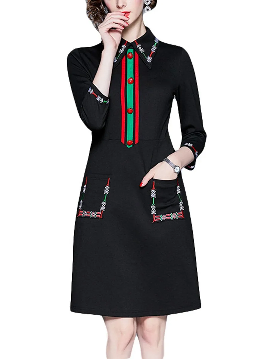 Embroidered Lapel Temperament Slim Dress with Seven Sleeves