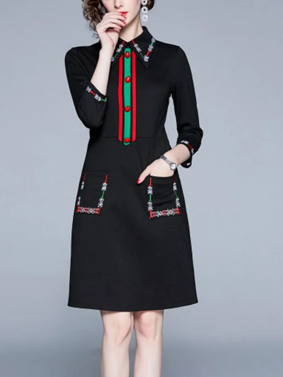 Embroidered Lapel Temperament Slim Dress with Seven Sleeves