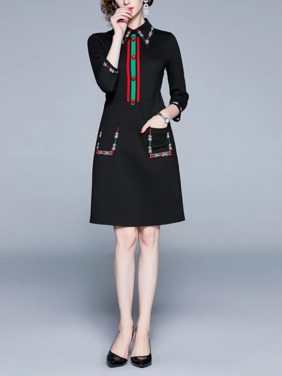 Embroidered Lapel Temperament Slim Dress with Seven Sleeves