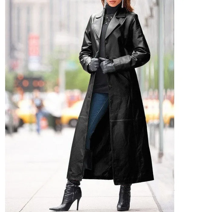 European and American women's leather coat long coat