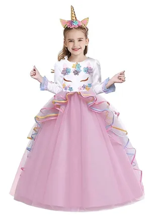 Fancydresswale Unicorn dress for Girls Gown Style Full sleeves with headband, Pink