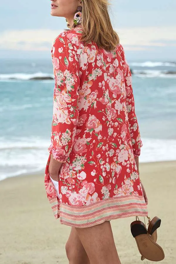 Fashion flower print V-neck blouse with loose long sleeves