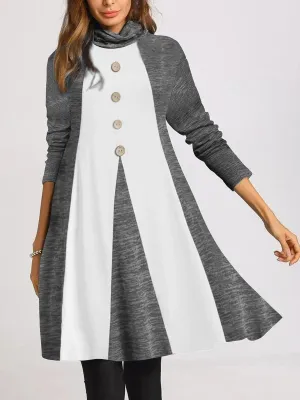 Fashion High Collar Button Long Sleeve Casual Dress