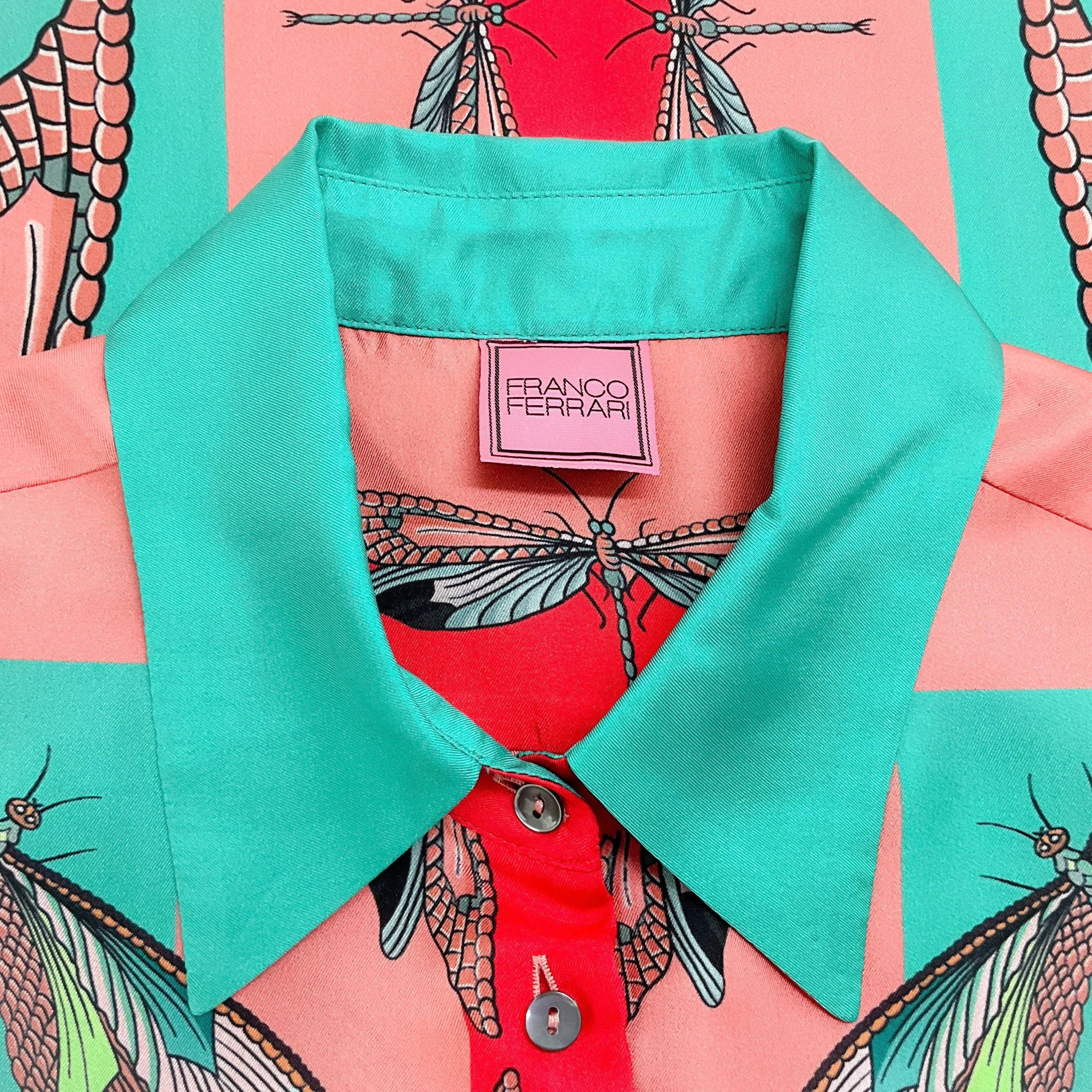 Franco Ferrari Coral / Aqua Insect Print Silk Blouse