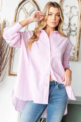 Full Size Striped Button Down High-Low Hem Shirt