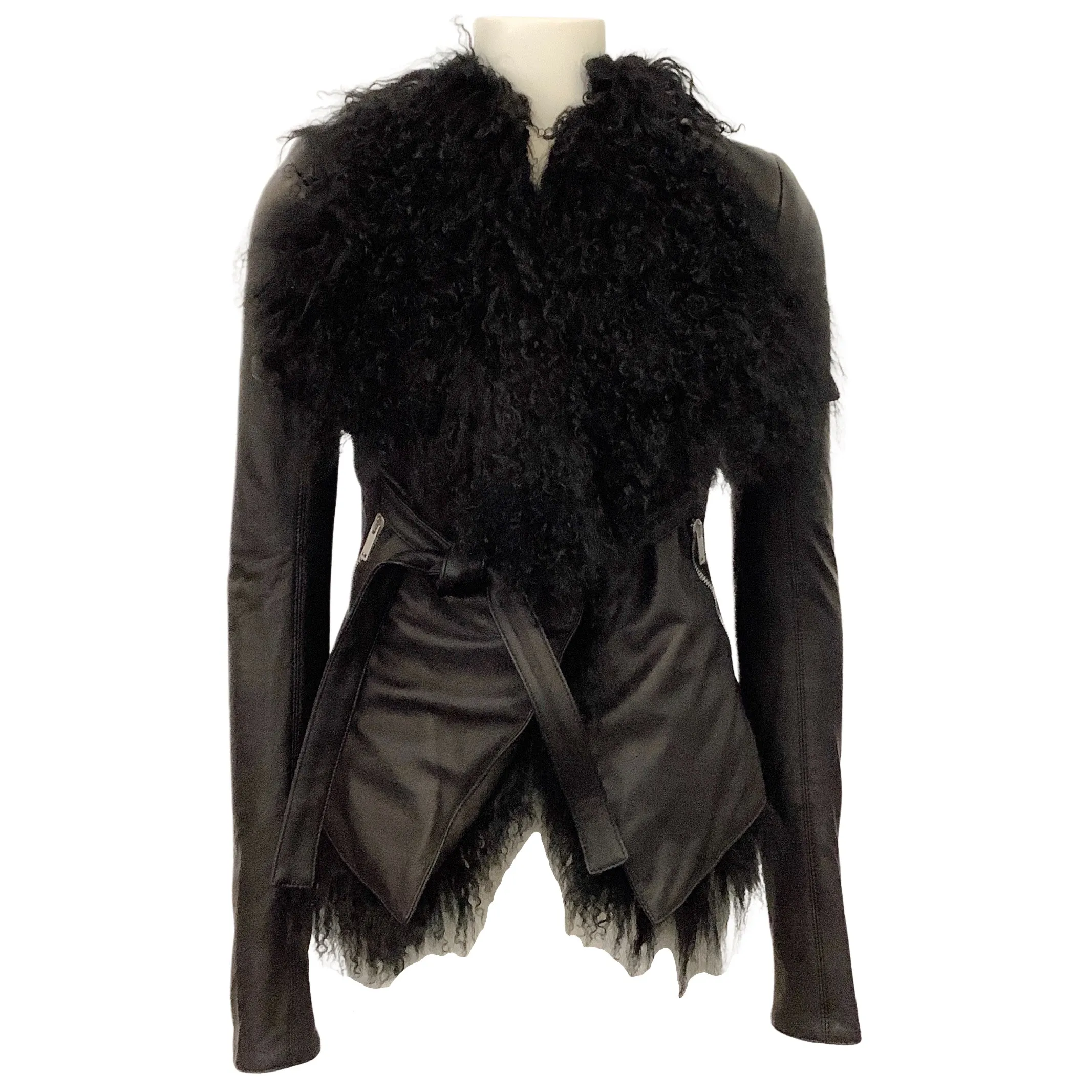 Gareth Pugh Black Leather Wrap Jacket with Lamb Collar