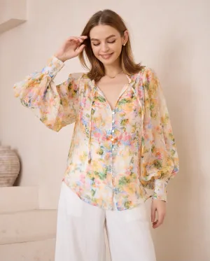 Iris Maxi - Anna Bohemian Blouse V Neck Long Sleeve Buttoned - Bouquet