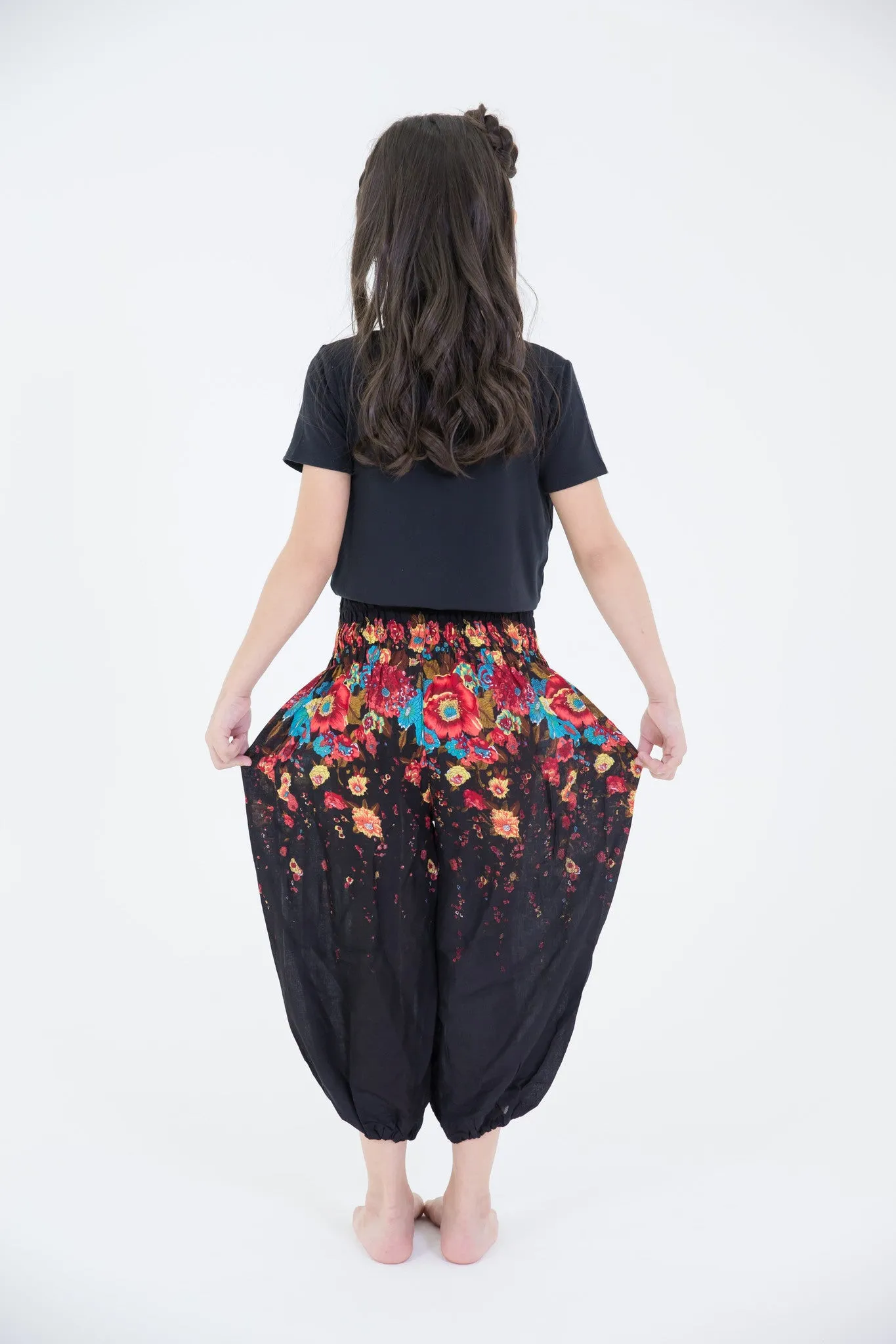 Kids Floral Harem Pants in Black