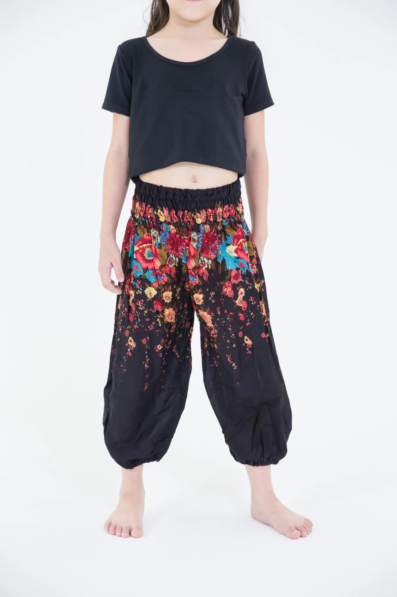 Kids Floral Harem Pants in Black