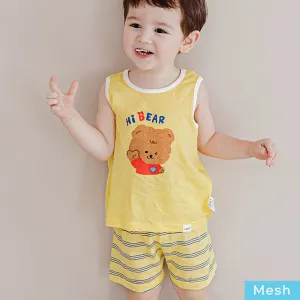 Kids Summer Seeveless Shirt Cotton Cool Mesh Pajamas Set - Bear