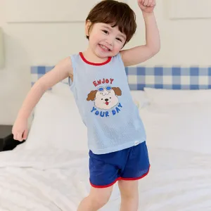 Kids Summer Seeveless Shirt Cotton Cool Mesh Pajamas Set - Marine Puppy