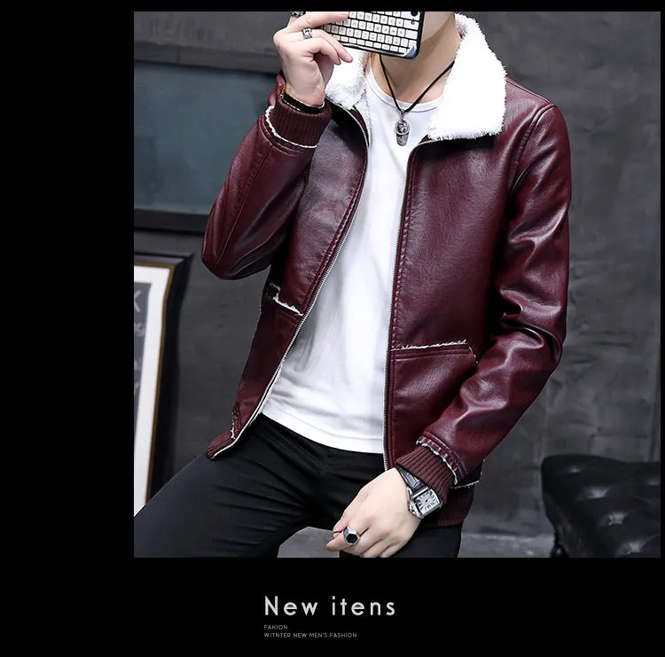 Leather plus fleece jacket male lamb cashmere tide