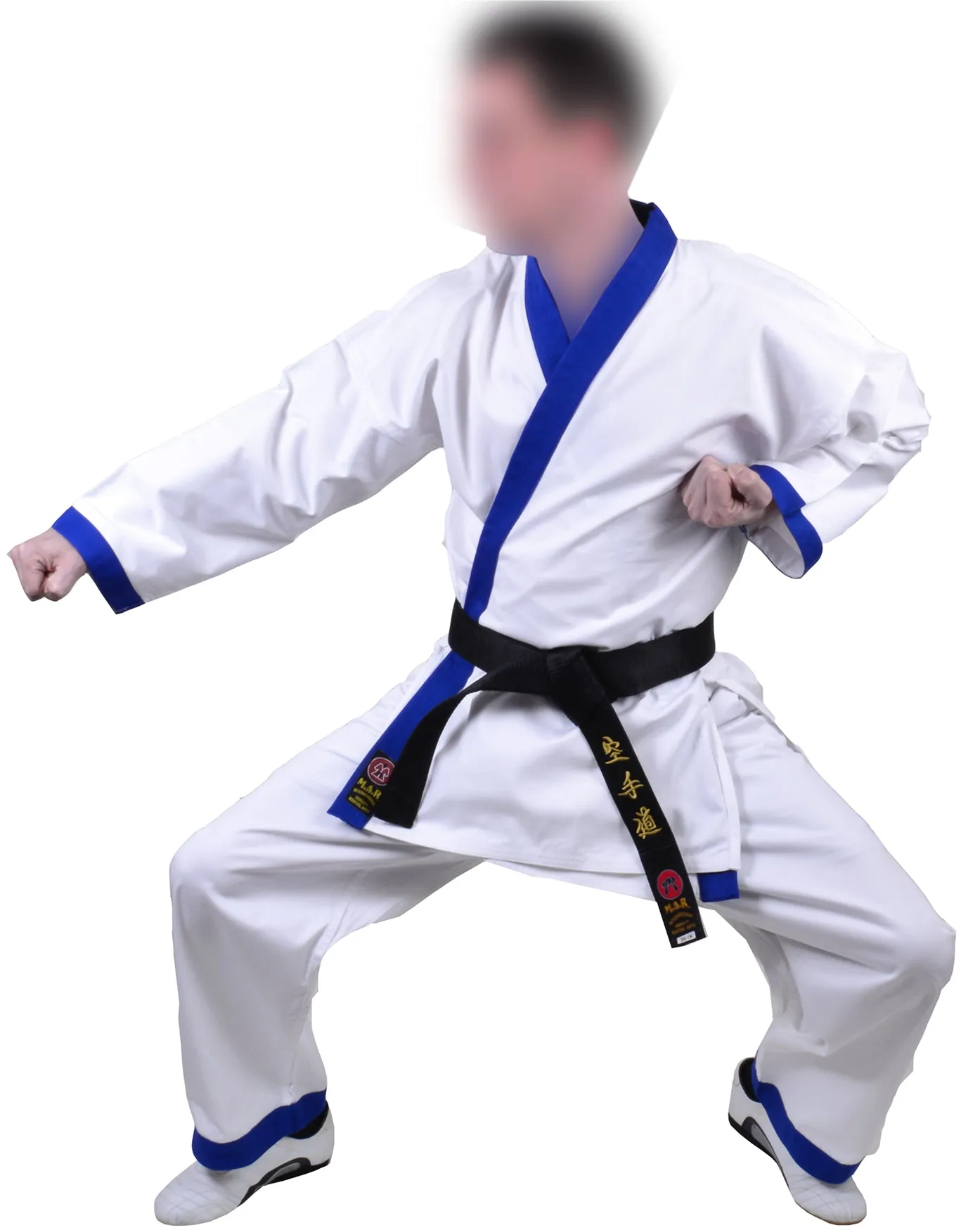 MAR-008 | White Karate Uniform w/ Blue Trim (8oz Fabric)   FREE BELT