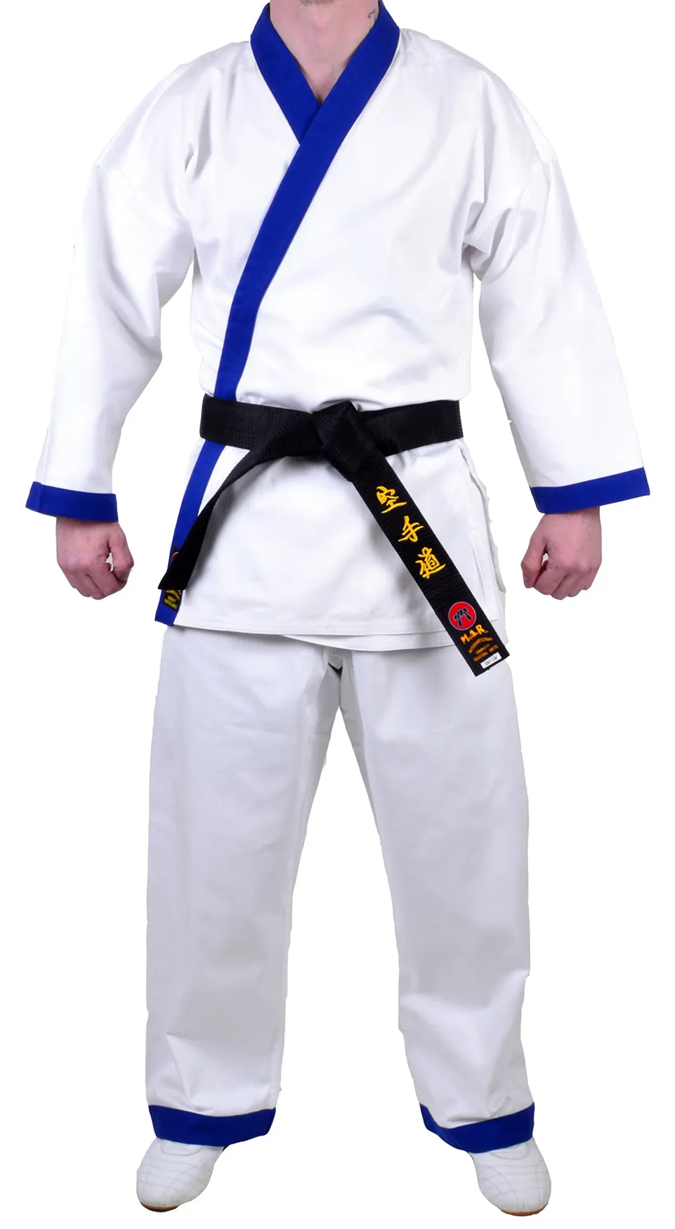 MAR-008 | White Karate Uniform w/ Blue Trim (8oz Fabric)   FREE BELT