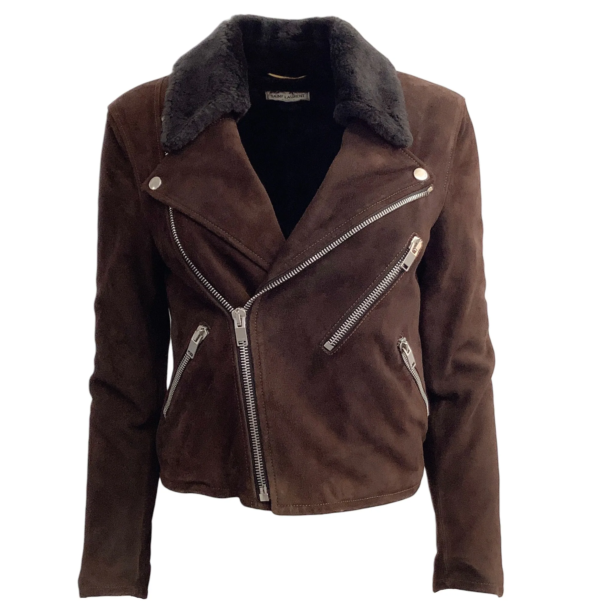 Saint Laurent Brown Shearling Moto Jacket