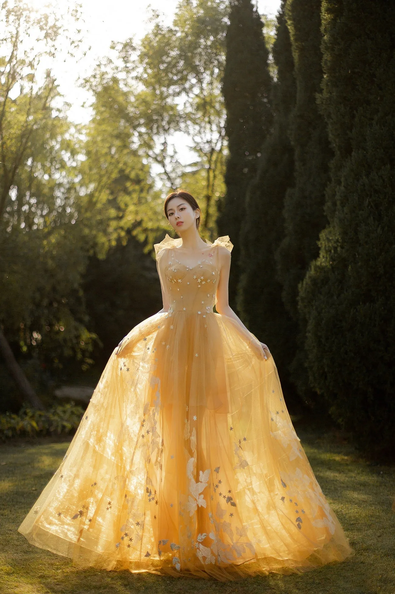 solvbao Yellow Tulle Lace Long Prom Dresses, A-Line Evening Gowns