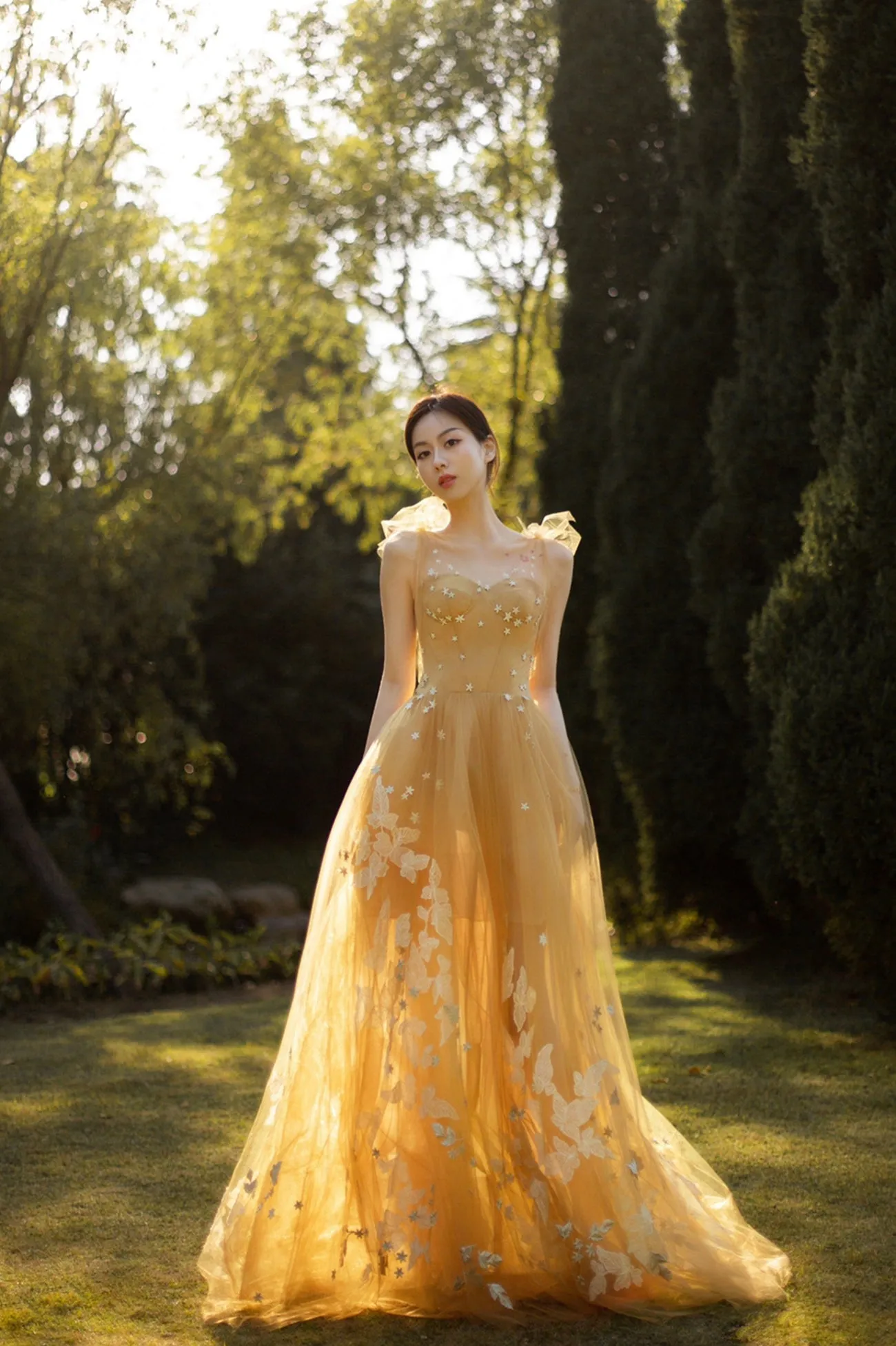 solvbao Yellow Tulle Lace Long Prom Dresses, A-Line Evening Gowns