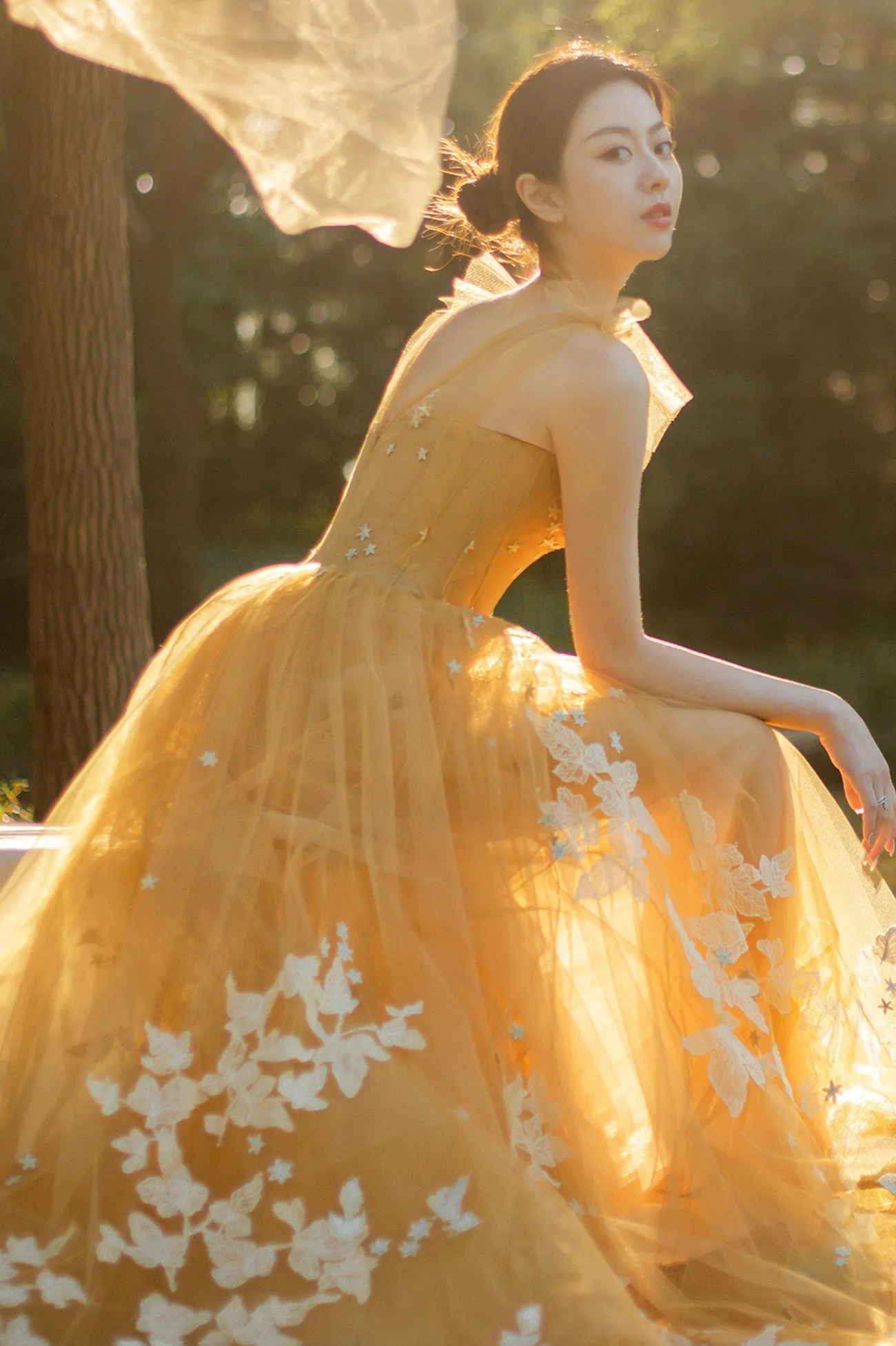 solvbao Yellow Tulle Lace Long Prom Dresses, A-Line Evening Gowns