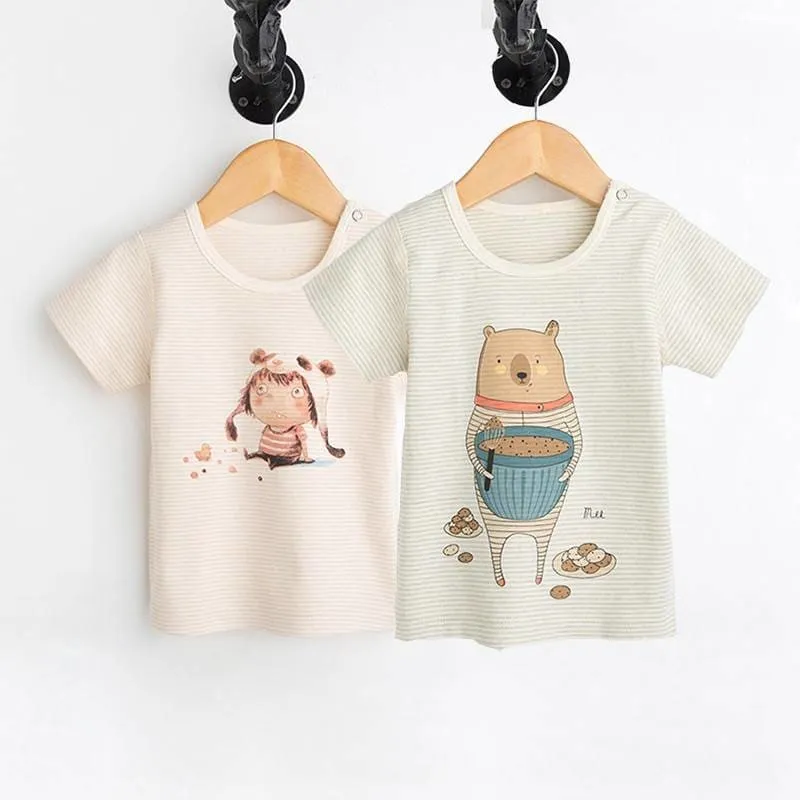 Unisex Striped T-Shirt with Cartoon Prints 2 pcs Set