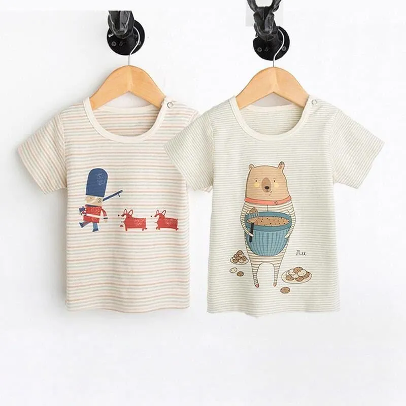 Unisex Striped T-Shirt with Cartoon Prints 2 pcs Set