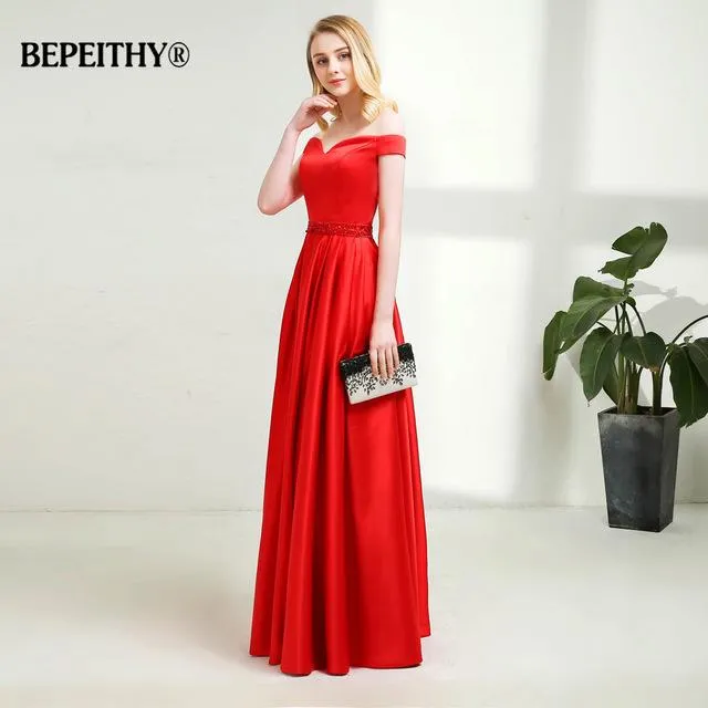 Vestido De Festa A-line Long Evening Dress Vintage Off The Shoulder Prom Dresses Crystal Belt Robe De Soiree 2017