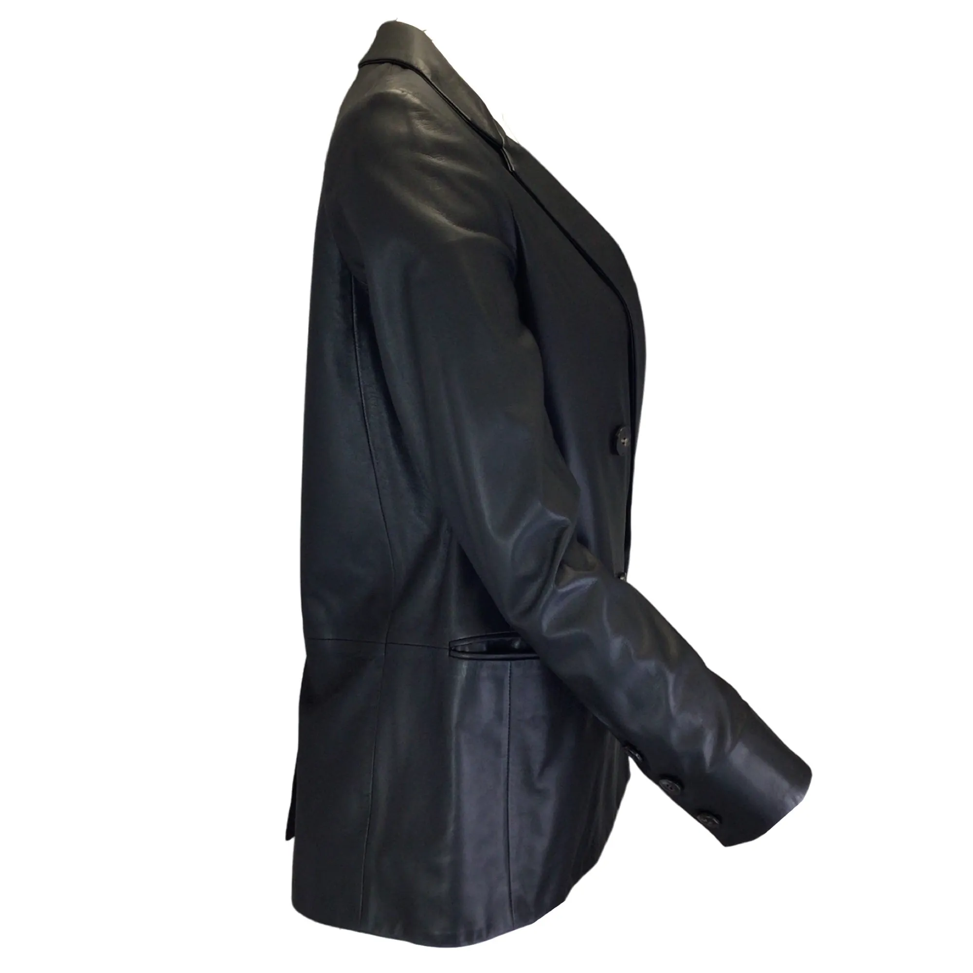 Yves Salomon Black Double Breasted Silk Lined Lambskin Leather Blazer